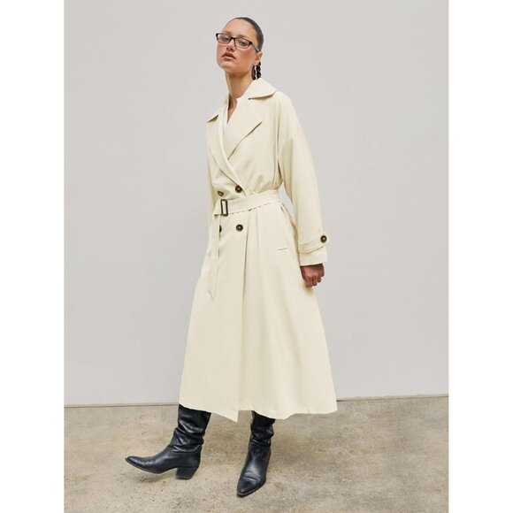 Women's Khaki  Oversized Solid Collar Long Trench Coat With Belt - Picture 6 of 8